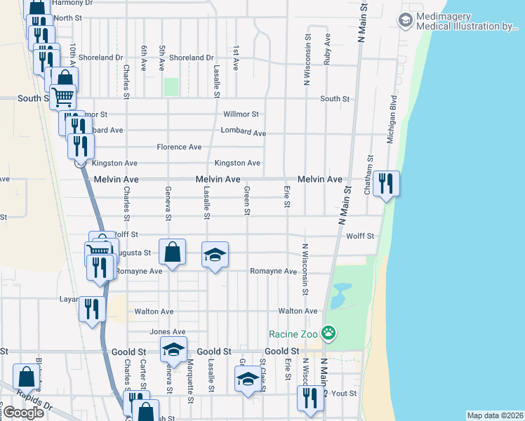 map of restaurants, bars, coffee shops, grocery stores, and more near 713 Isabelle Avenue in Racine