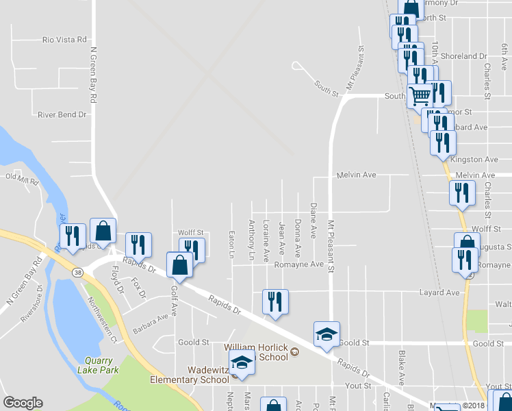 map of restaurants, bars, coffee shops, grocery stores, and more near 2801 Jacato Drive in Racine