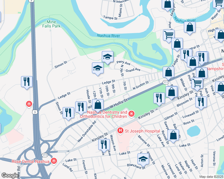 map of restaurants, bars, coffee shops, grocery stores, and more near 7 9th Street in Nashua