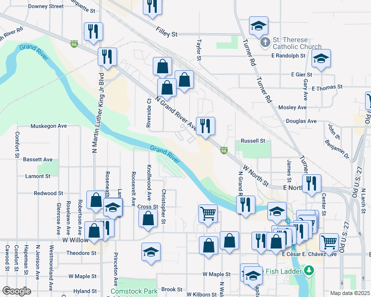 map of restaurants, bars, coffee shops, grocery stores, and more near 601 Sadie Court in Lansing