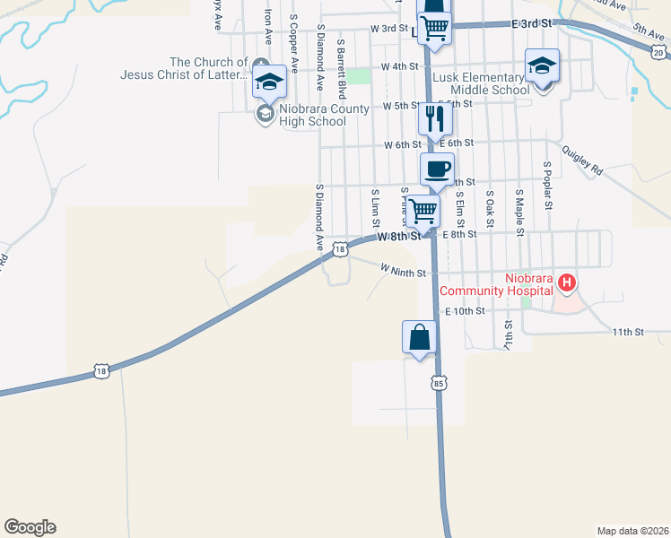 map of restaurants, bars, coffee shops, grocery stores, and more near 4080 U.S. 18 in Lusk