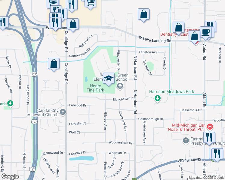 map of restaurants, bars, coffee shops, grocery stores, and more near 1811 Pinecrest Drive in East Lansing
