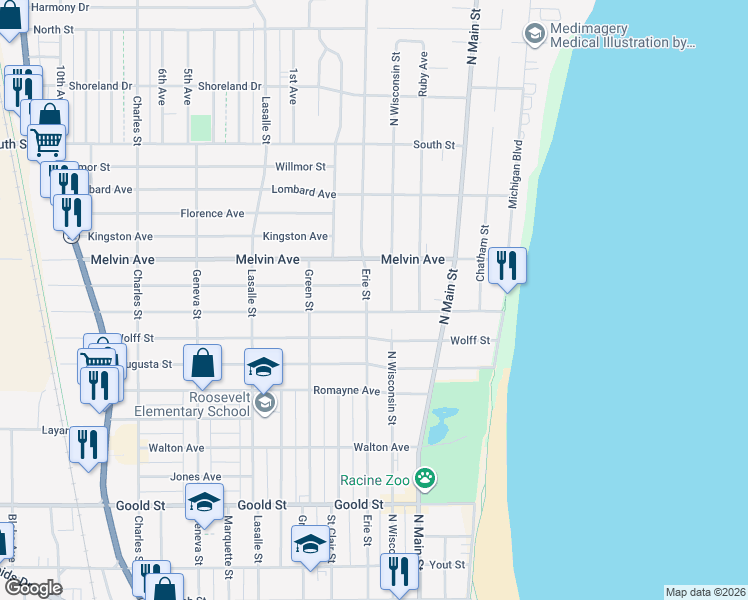 map of restaurants, bars, coffee shops, grocery stores, and more near 601 Isabelle Avenue in Racine