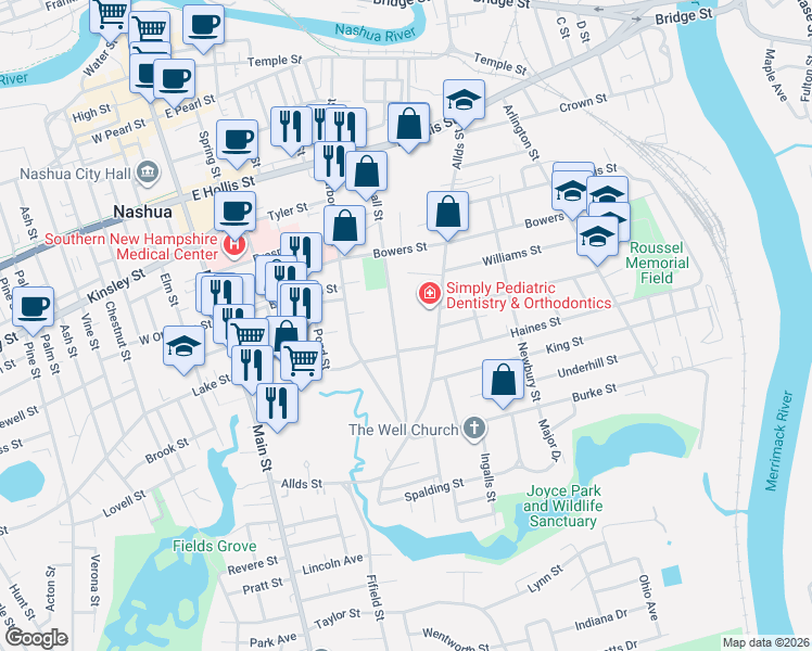 map of restaurants, bars, coffee shops, grocery stores, and more near 60 Marshall Street in Nashua