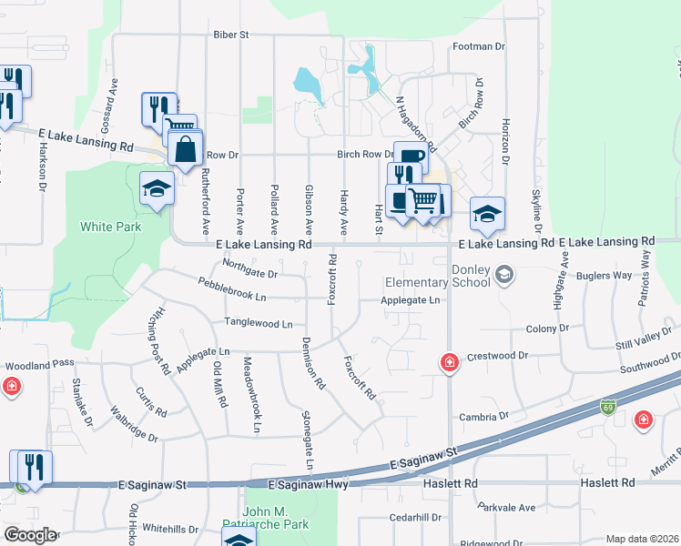 map of restaurants, bars, coffee shops, grocery stores, and more near 1837 Foxcroft Road in East Lansing