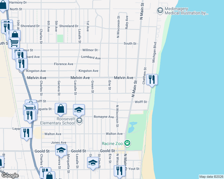 map of restaurants, bars, coffee shops, grocery stores, and more near 601 Isabelle Avenue in Racine
