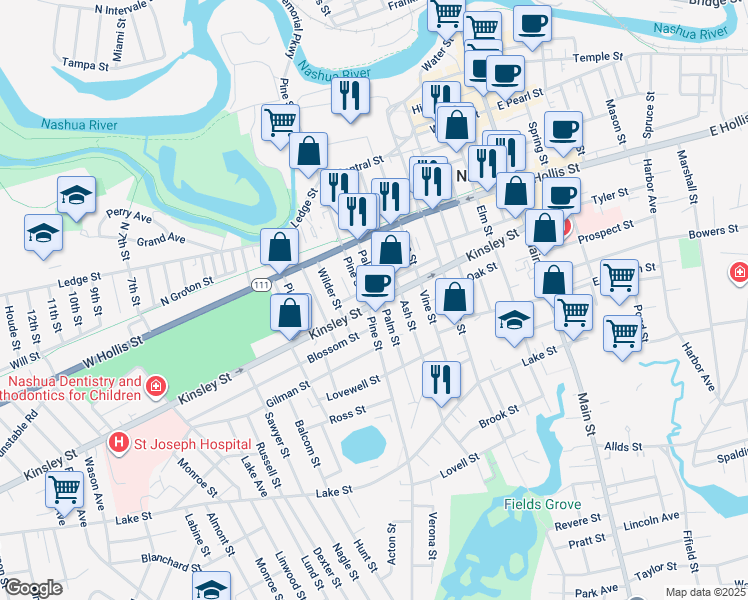 map of restaurants, bars, coffee shops, grocery stores, and more near 61 Kinsley Street in Nashua