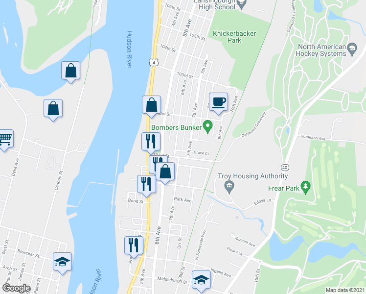 map of restaurants, bars, coffee shops, grocery stores, and more near 61 6th Avenue in Troy