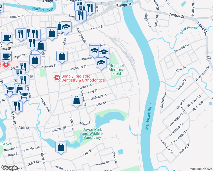 map of restaurants, bars, coffee shops, grocery stores, and more near 71 Arlington Street in Nashua