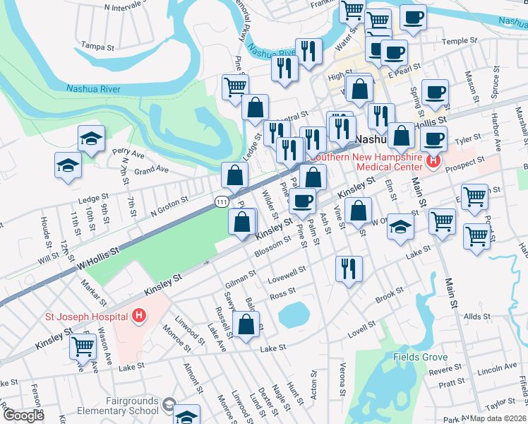map of restaurants, bars, coffee shops, grocery stores, and more near 13 Wilder Street in Nashua