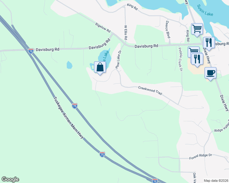 map of restaurants, bars, coffee shops, grocery stores, and more near 10243 Creekwood Court in Oakland County