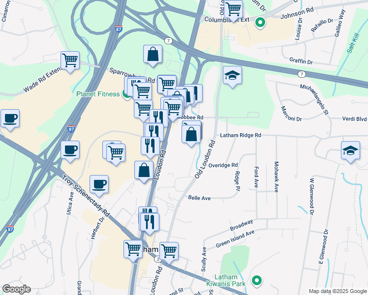 map of restaurants, bars, coffee shops, grocery stores, and more near New London Hill Plaza in Latham