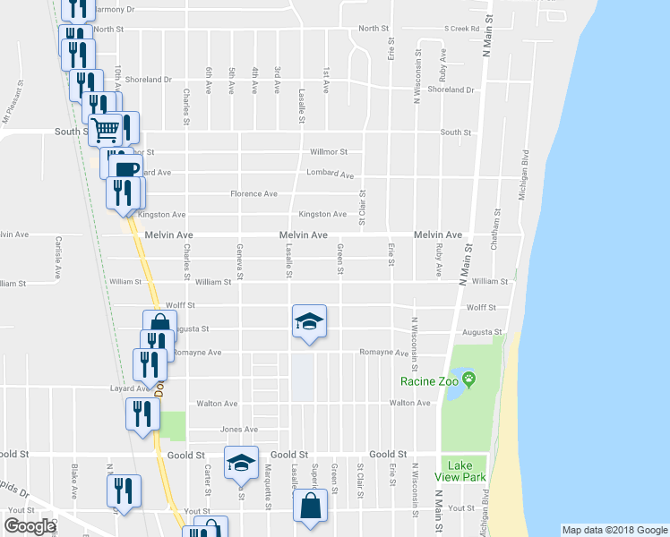 map of restaurants, bars, coffee shops, grocery stores, and more near 2814 Green Street in Racine
