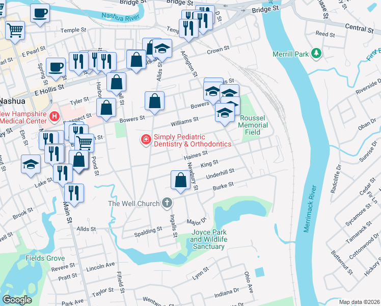 map of restaurants, bars, coffee shops, grocery stores, and more near 35 Newbury Street in Nashua