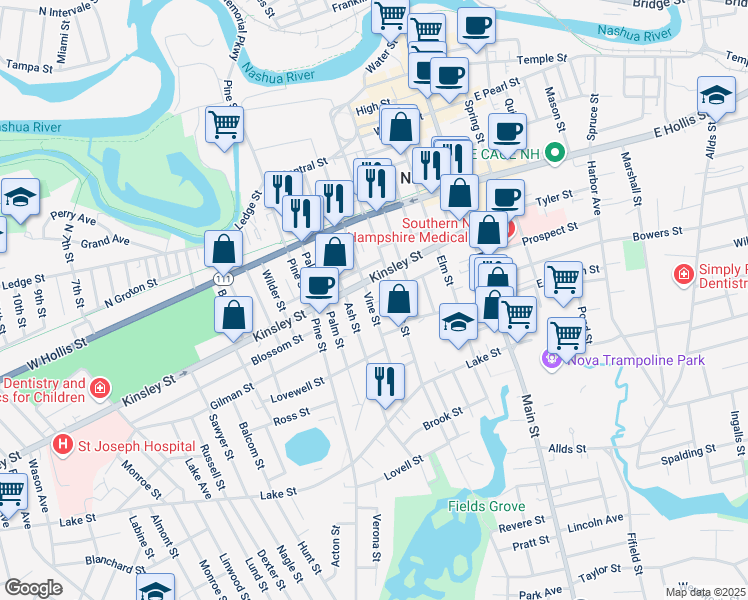 map of restaurants, bars, coffee shops, grocery stores, and more near 88 Vine Street in Nashua