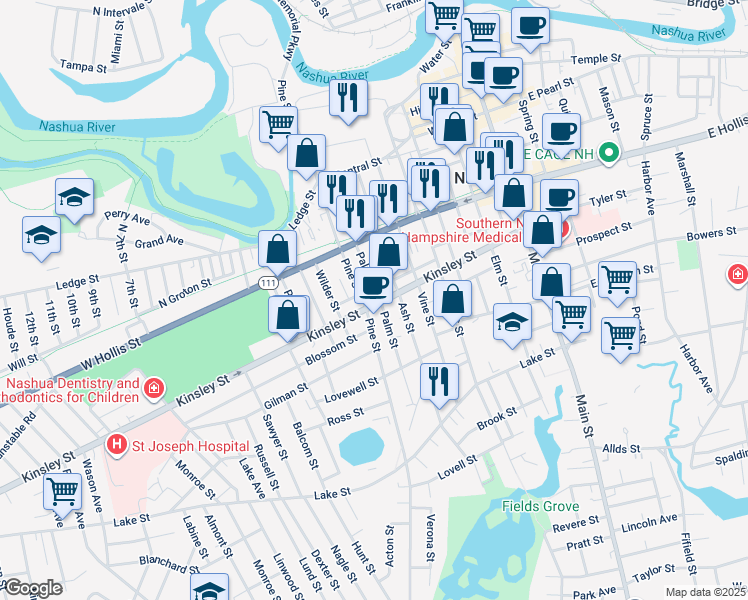 map of restaurants, bars, coffee shops, grocery stores, and more near 105 Pine Street in Nashua
