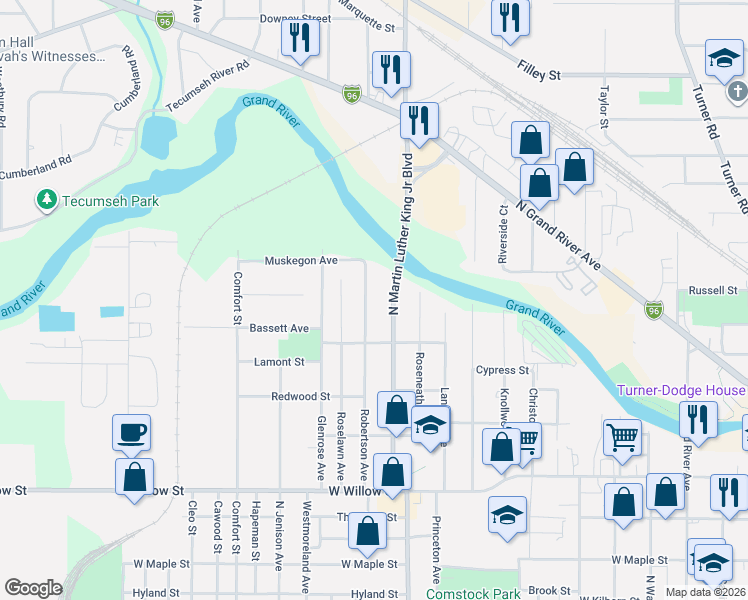 map of restaurants, bars, coffee shops, grocery stores, and more near 1713 North Martin Luther King Junior Boulevard in Lansing