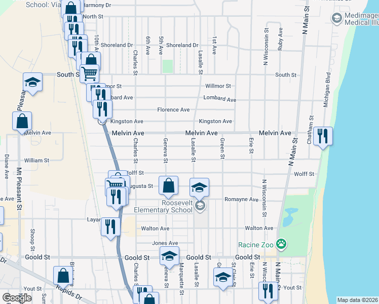 map of restaurants, bars, coffee shops, grocery stores, and more near 2821 Lasalle Street in Racine