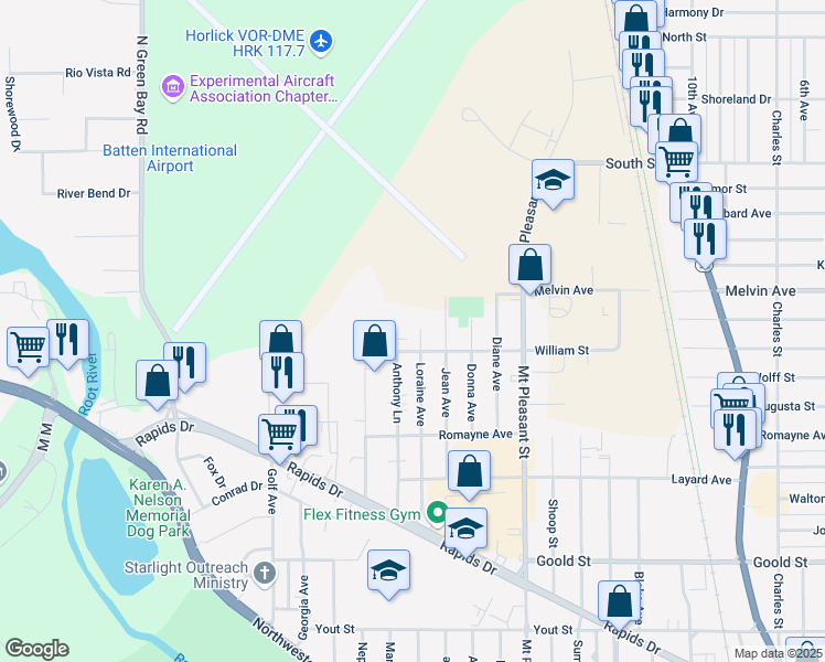 map of restaurants, bars, coffee shops, grocery stores, and more near 2818 Loraine Avenue in Racine