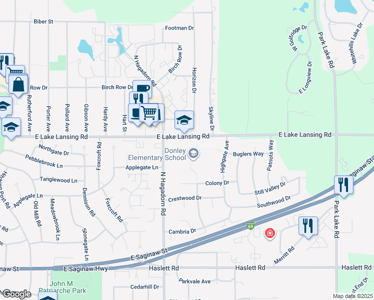 map of restaurants, bars, coffee shops, grocery stores, and more near 2961 East Lake Lansing Road in East Lansing