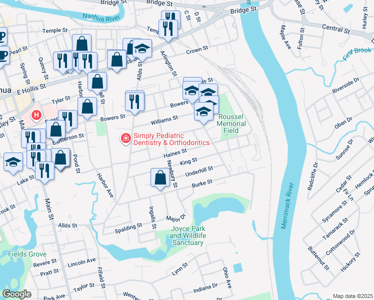 map of restaurants, bars, coffee shops, grocery stores, and more near 12 Cherry Street in Nashua