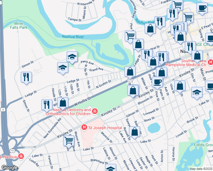 map of restaurants, bars, coffee shops, grocery stores, and more near 157 West Hollis Street in Nashua