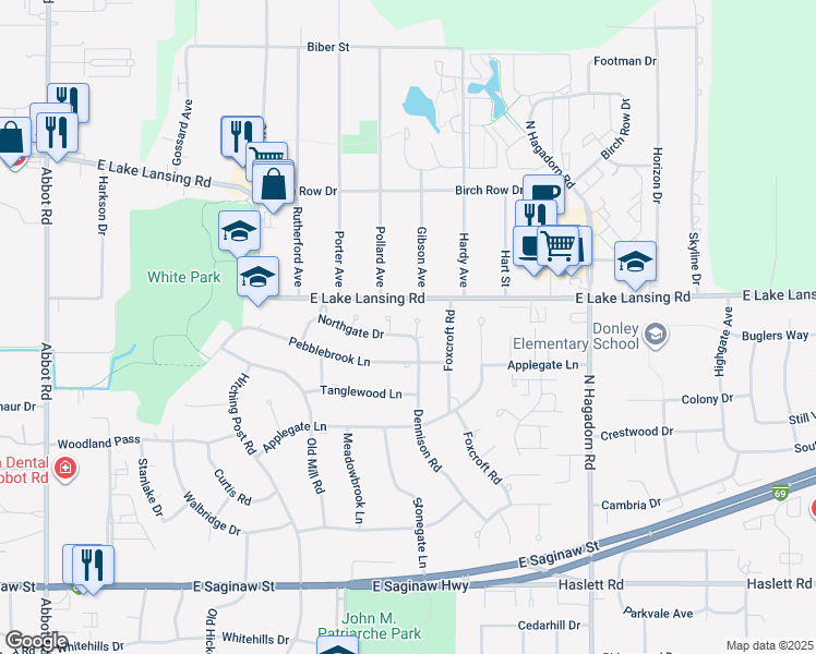 map of restaurants, bars, coffee shops, grocery stores, and more near 985 Northgate Drive in East Lansing