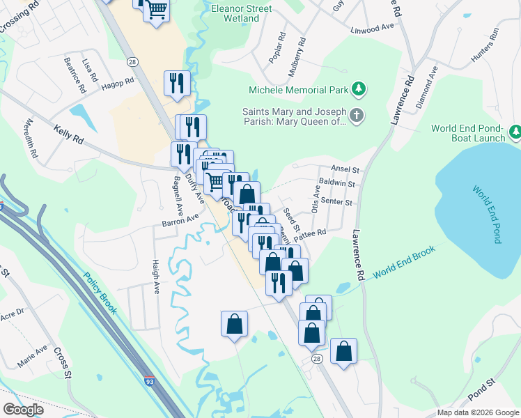map of restaurants, bars, coffee shops, grocery stores, and more near 1 Ann Avenue in Salem