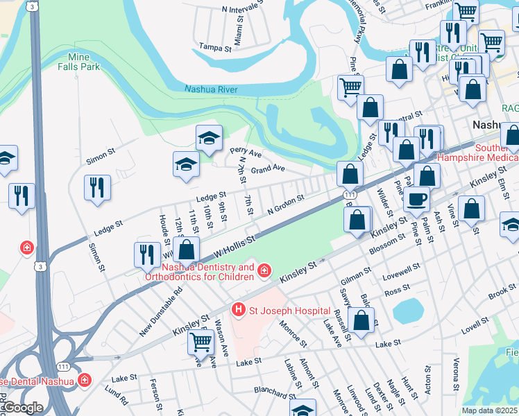 map of restaurants, bars, coffee shops, grocery stores, and more near 11 6th Street in Nashua