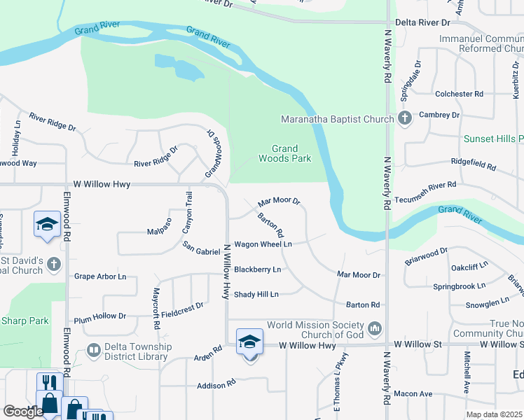 map of restaurants, bars, coffee shops, grocery stores, and more near 4360 Barton Road in Lansing