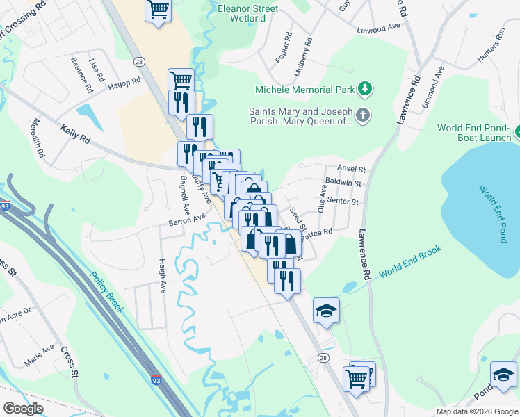 map of restaurants, bars, coffee shops, grocery stores, and more near 1 Ann Avenue in Salem