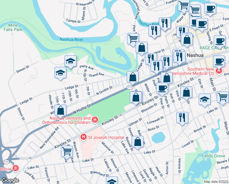 map of restaurants, bars, coffee shops, grocery stores, and more near 147 West Hollis Street in Nashua