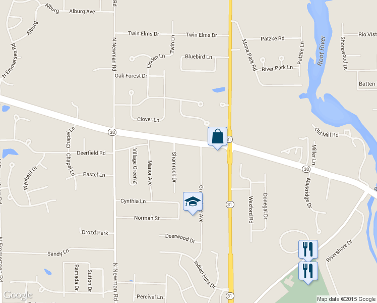 map of restaurants, bars, coffee shops, grocery stores, and more near 4923 Northwestern Avenue in Racine