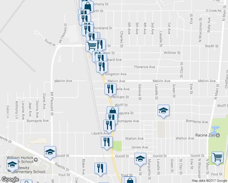 map of restaurants, bars, coffee shops, grocery stores, and more near 1427 Isabelle Ave in Racine