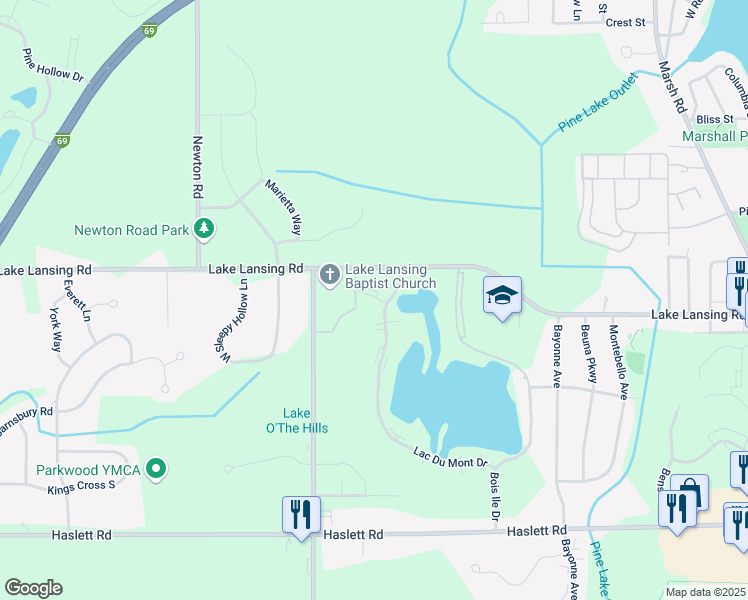 map of restaurants, bars, coffee shops, grocery stores, and more near 2115 Lac Du Mont Drive in Meridian charter Township