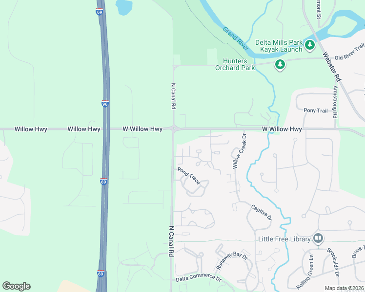 map of restaurants, bars, coffee shops, grocery stores, and more near 7500 Yellow Wood in Lansing