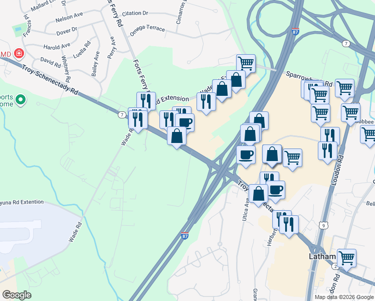 map of restaurants, bars, coffee shops, grocery stores, and more near 626 Troy Schenectady Road in Latham