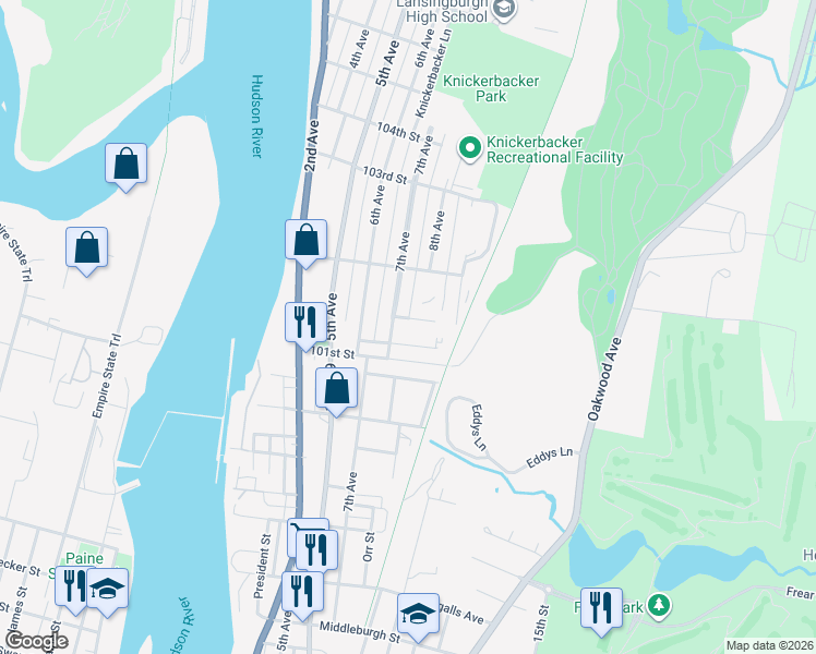 map of restaurants, bars, coffee shops, grocery stores, and more near 2 Alma Court in Troy