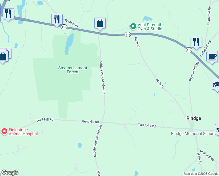 map of restaurants, bars, coffee shops, grocery stores, and more near 89 Middle Winchendon Road in Rindge