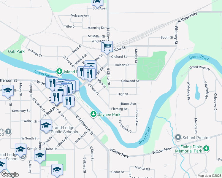 map of restaurants, bars, coffee shops, grocery stores, and more near 304 North Clinton Street in Grand Ledge