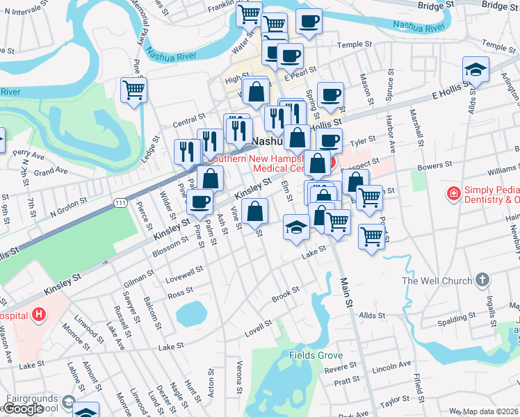 map of restaurants, bars, coffee shops, grocery stores, and more near 117 Walnut Street in Nashua