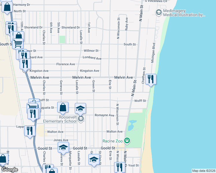 map of restaurants, bars, coffee shops, grocery stores, and more near 601 Isabelle Avenue in Racine