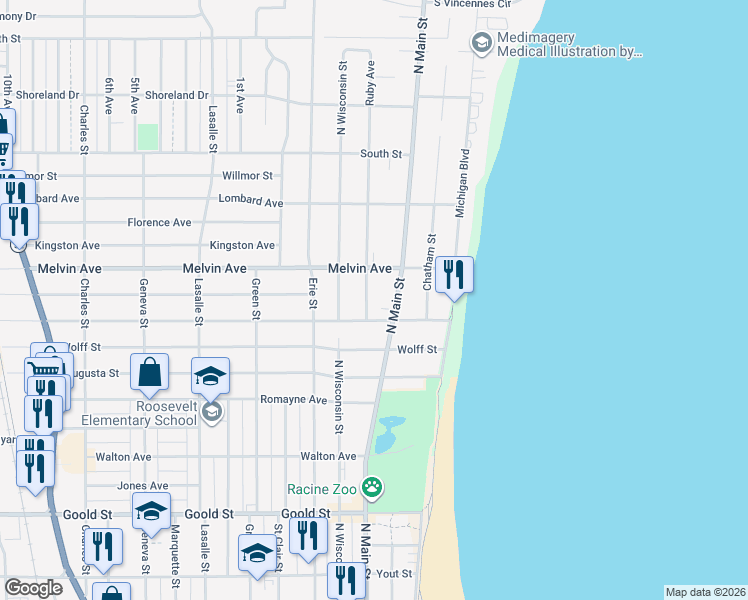 map of restaurants, bars, coffee shops, grocery stores, and more near 2823 Ruby Avenue in Racine