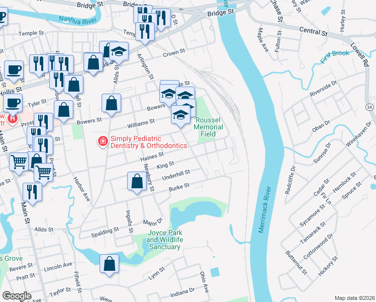 map of restaurants, bars, coffee shops, grocery stores, and more near 71 Arlington Street in Nashua