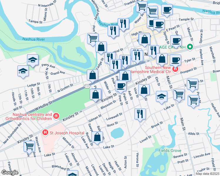 map of restaurants, bars, coffee shops, grocery stores, and more near 13 Wilder Street in Nashua
