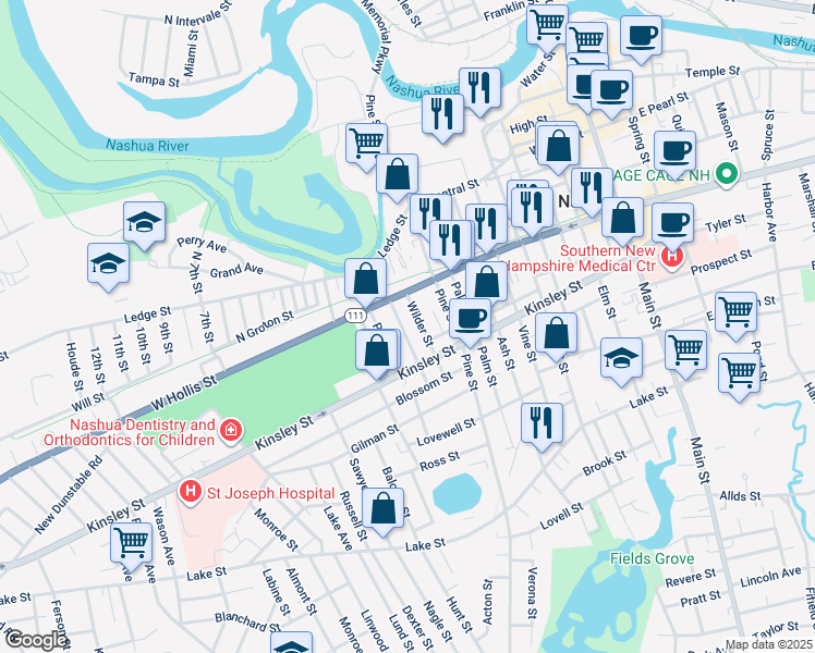 map of restaurants, bars, coffee shops, grocery stores, and more near 13 Wilder Street in Nashua