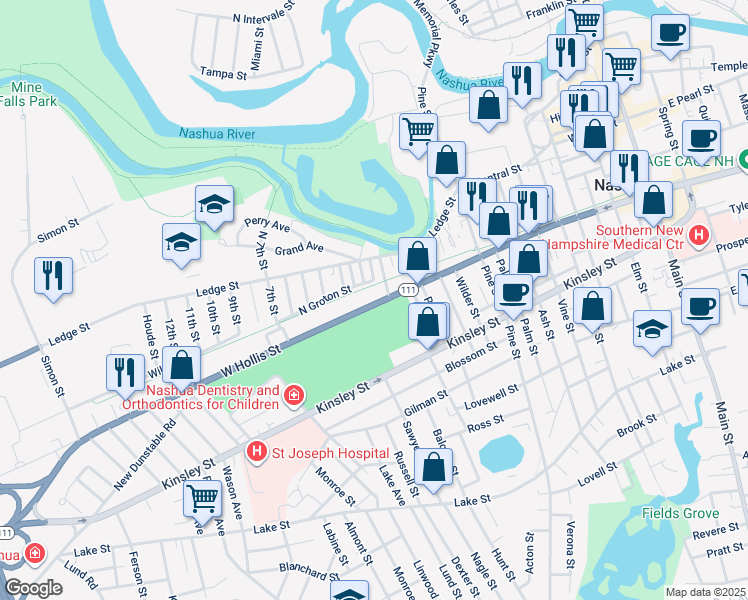 map of restaurants, bars, coffee shops, grocery stores, and more near 147 West Hollis Street in Nashua