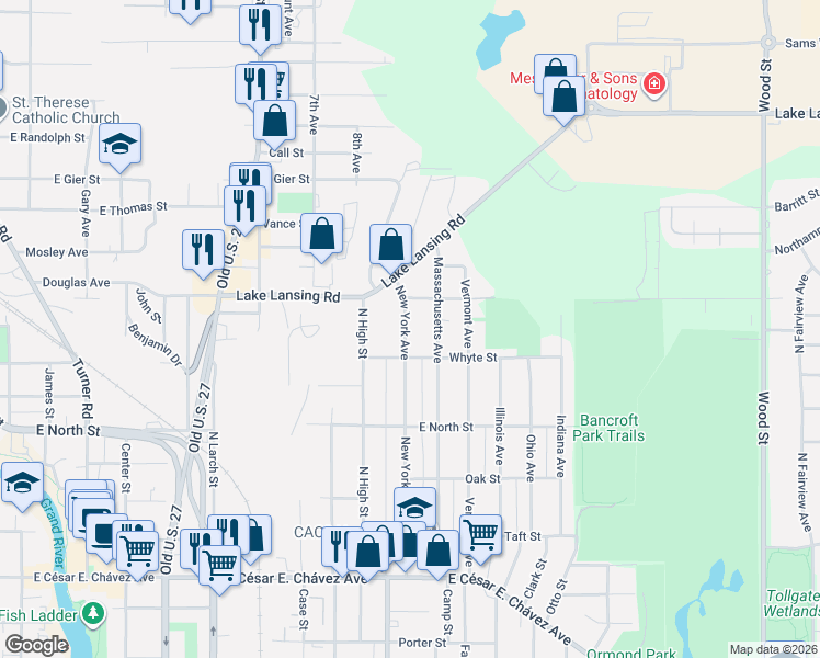 map of restaurants, bars, coffee shops, grocery stores, and more near 1900 New York Avenue in Lansing