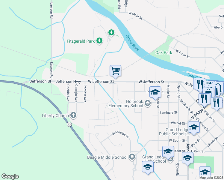 map of restaurants, bars, coffee shops, grocery stores, and more near Greenbriar Ledge Dr in Grand Ledge