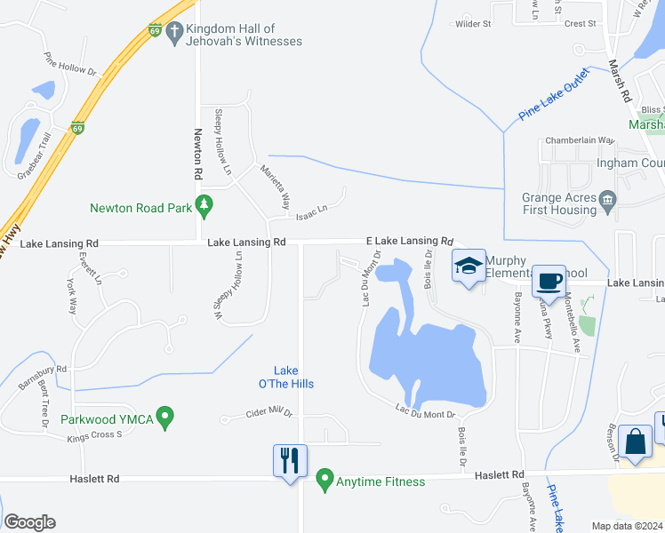 map of restaurants, bars, coffee shops, grocery stores, and more near 5976 Village Drive in Meridian charter Township